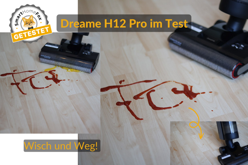 Grafik mit drei Bildern, wie Dreame H12 Pro Schmutz auf Holzboden wegwischt